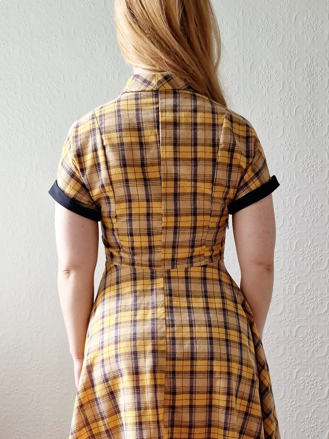 Vintage Black & Yellow Tartan Check Shirt Dress with Short Sleevees - S