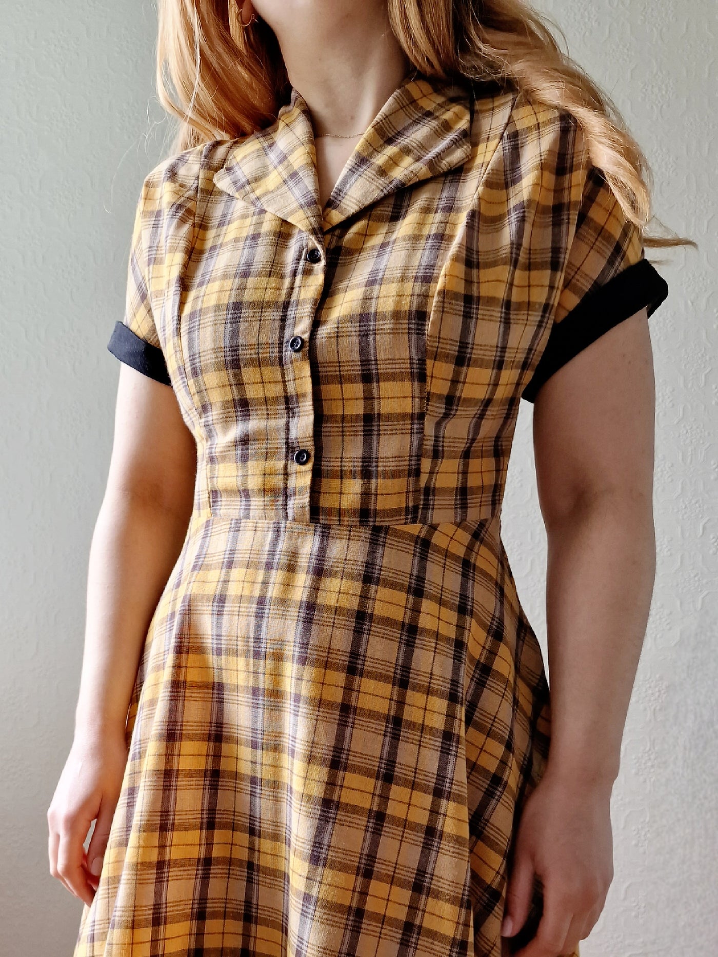 Vintage Black & Yellow Tartan Check Shirt Dress with Short Sleevees - S