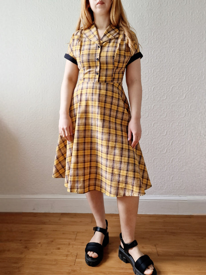 Vintage Black & Yellow Tartan Check Shirt Dress with Short Sleevees - S