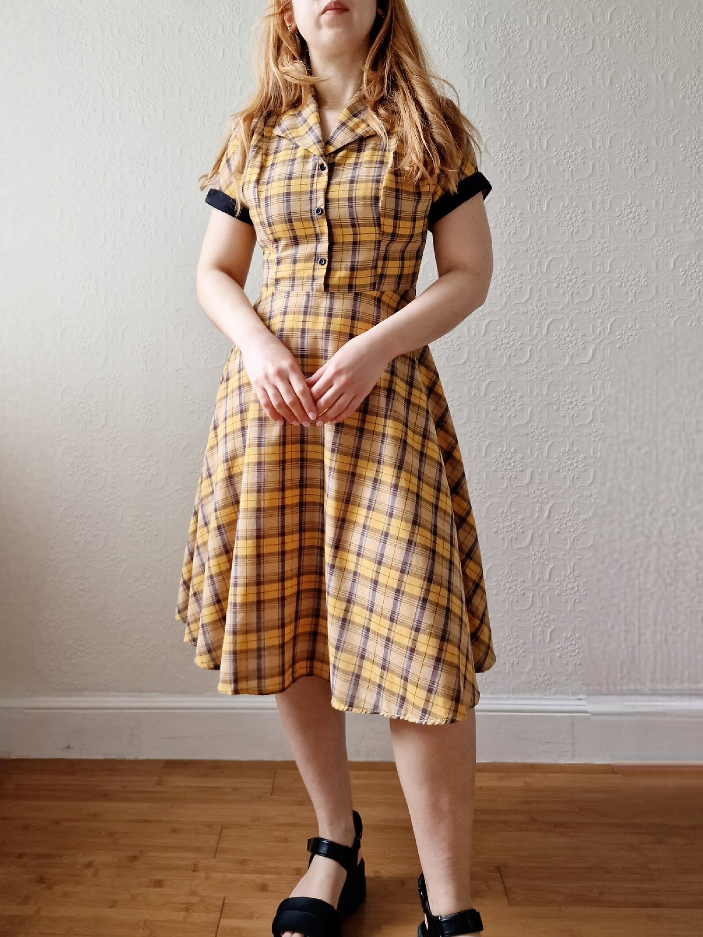 Vintage Black & Yellow Tartan Check Shirt Dress with Short Sleevees - S