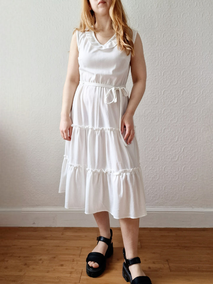 Vintage 70s White Ruffle Sleeveless Midi Dress - S