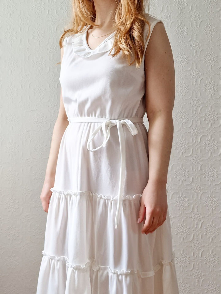 Vintage 70s White Ruffle Sleeveless Midi Dress - S