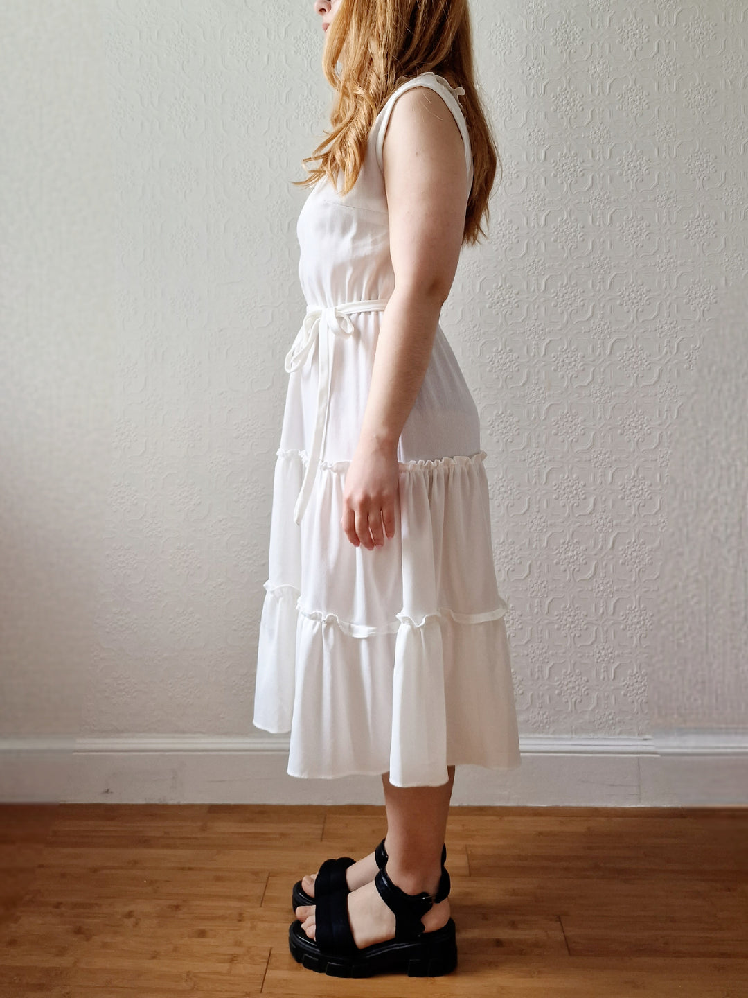 Vintage 70s White Ruffle Sleeveless Midi Dress - S