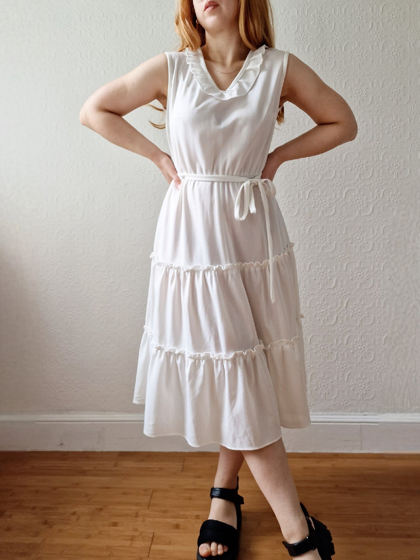 Vintage 70s White Ruffle Sleeveless Midi Dress - S