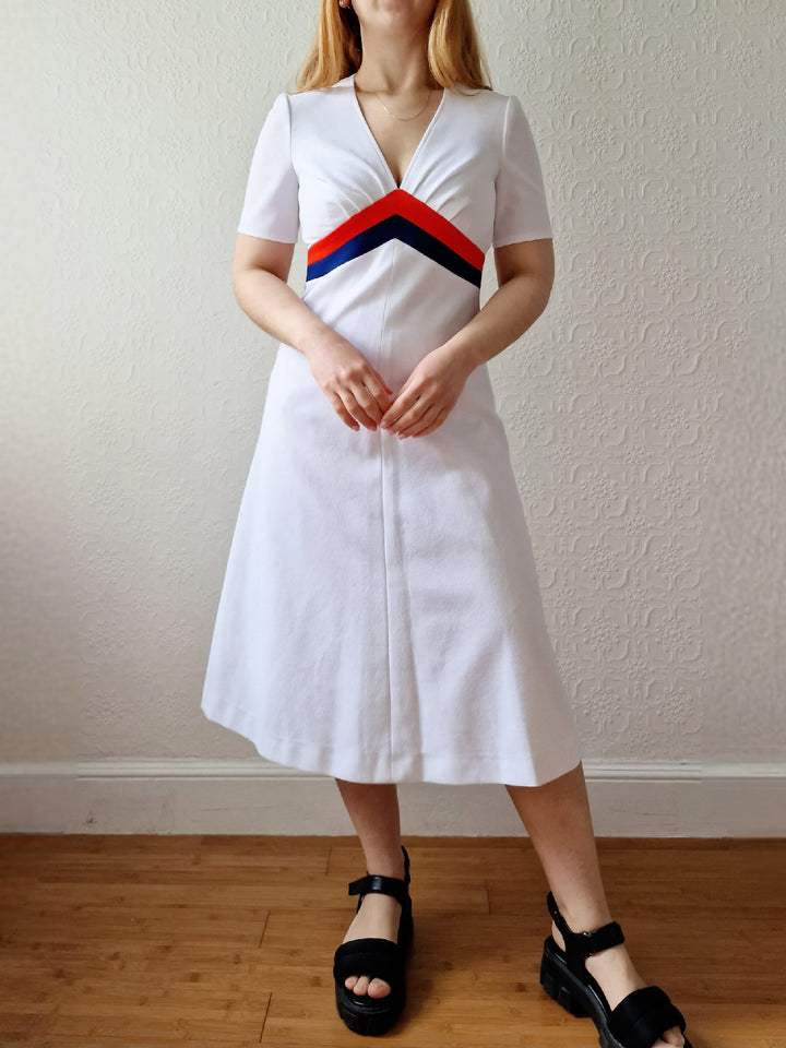 Vintage 70s White A-Line Midi Dress with Red & Blue Stripe Detail - S