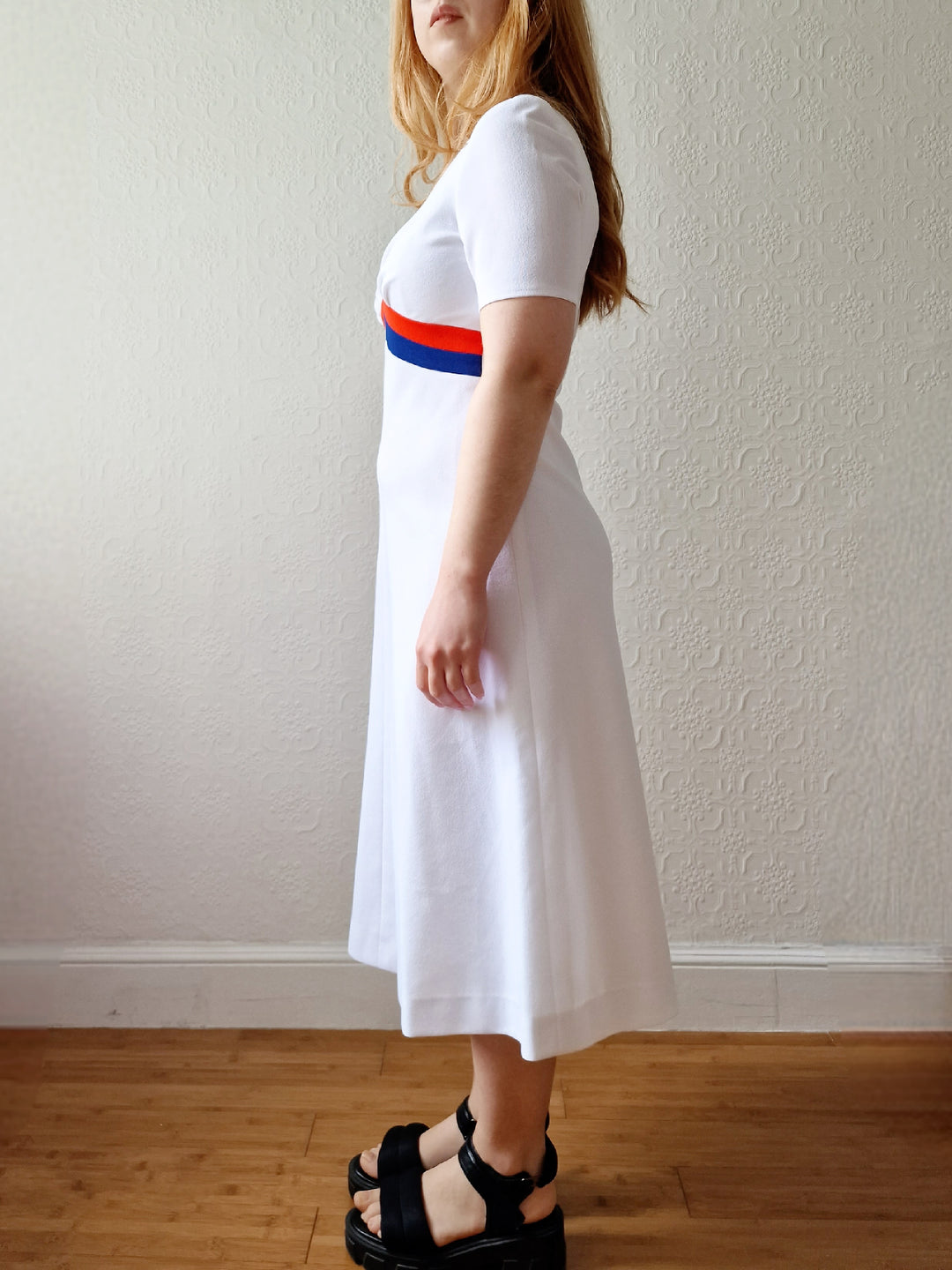 Vintage 70s White A-Line Midi Dress with Red & Blue Stripe Detail - S