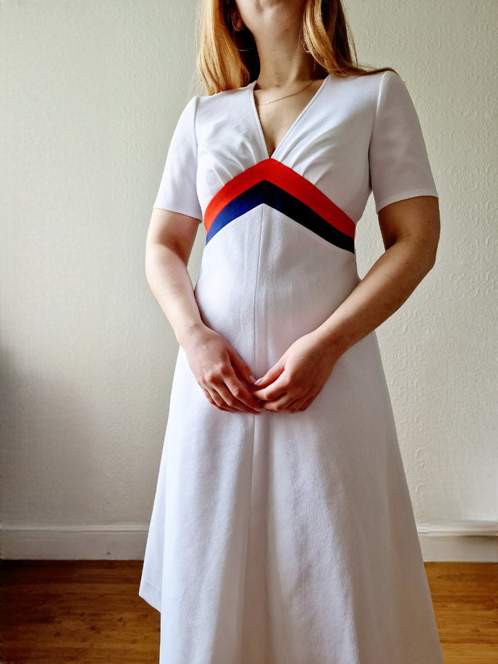 Vintage 70s White A-Line Midi Dress with Red & Blue Stripe Detail - S