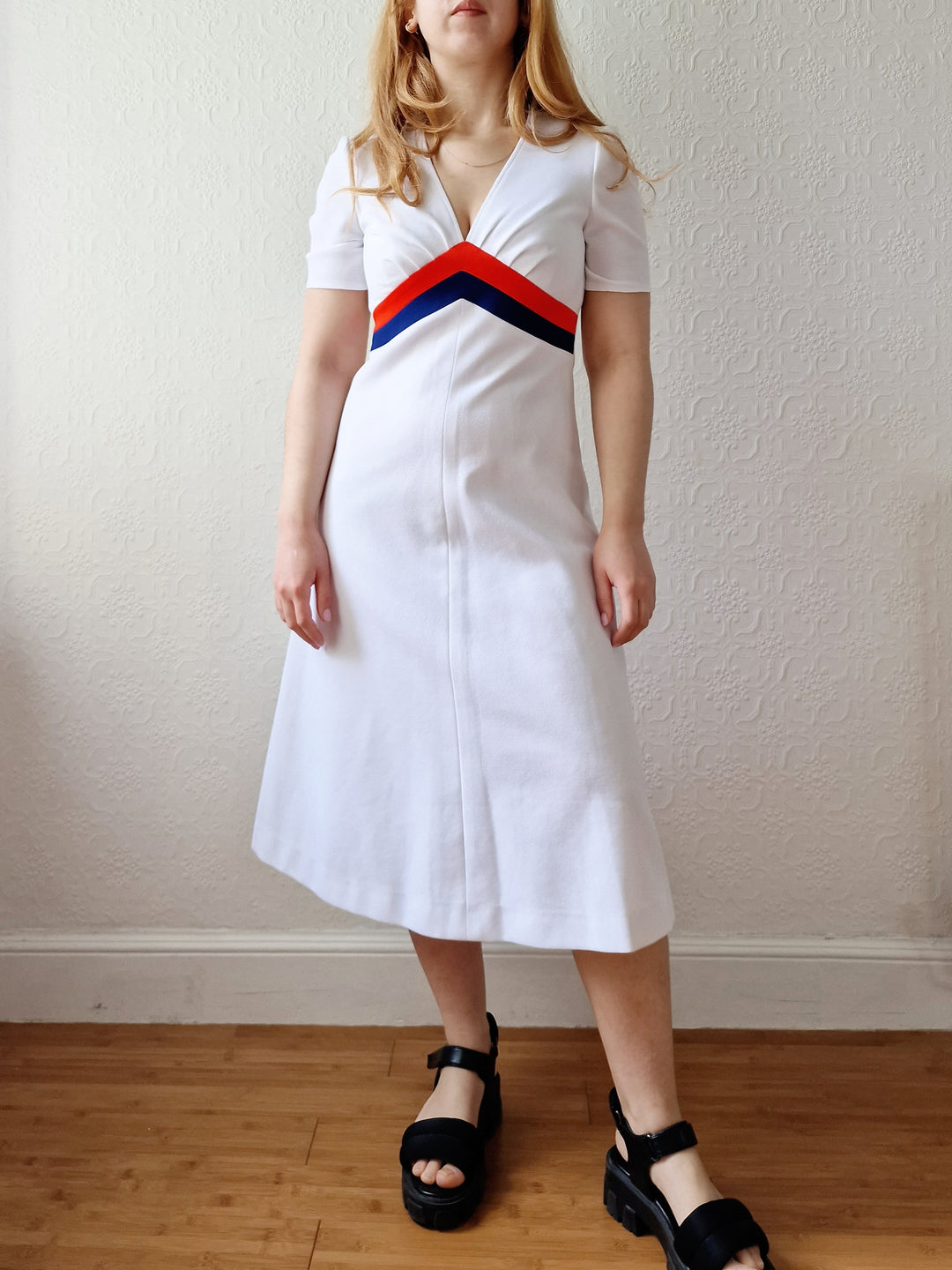 Vintage 70s White A-Line Midi Dress with Red & Blue Stripe Detail - S TORN vintage Vintage 70s White A-Line Midi Dress with Red & Blue Stripe Detail - S TORN vintage