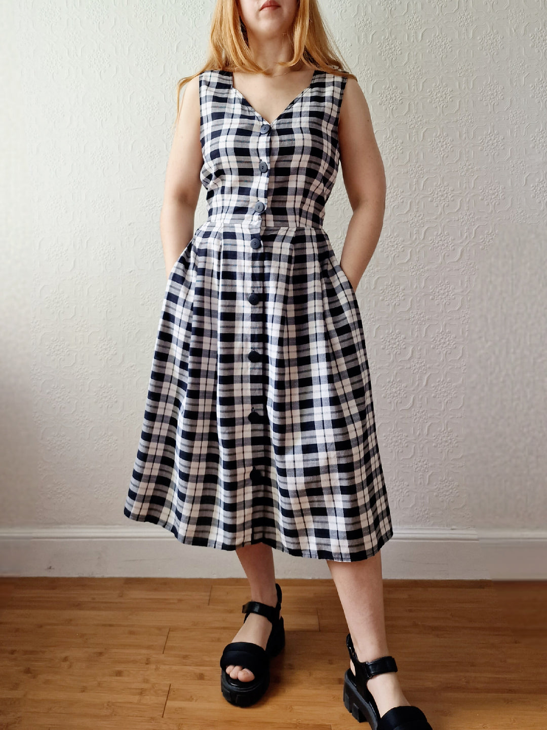 Vintage 90s Black & White Check Sleeveless Midi Dress - S