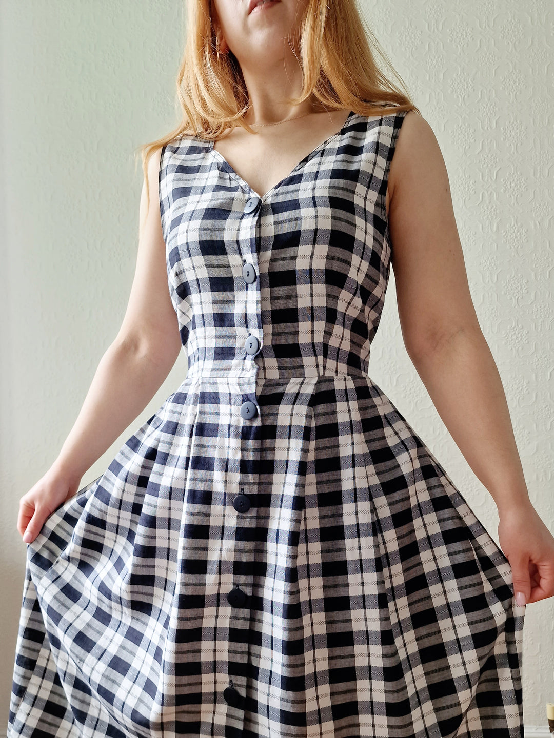 Vintage 90s Black & White Check Sleeveless Midi Dress - S