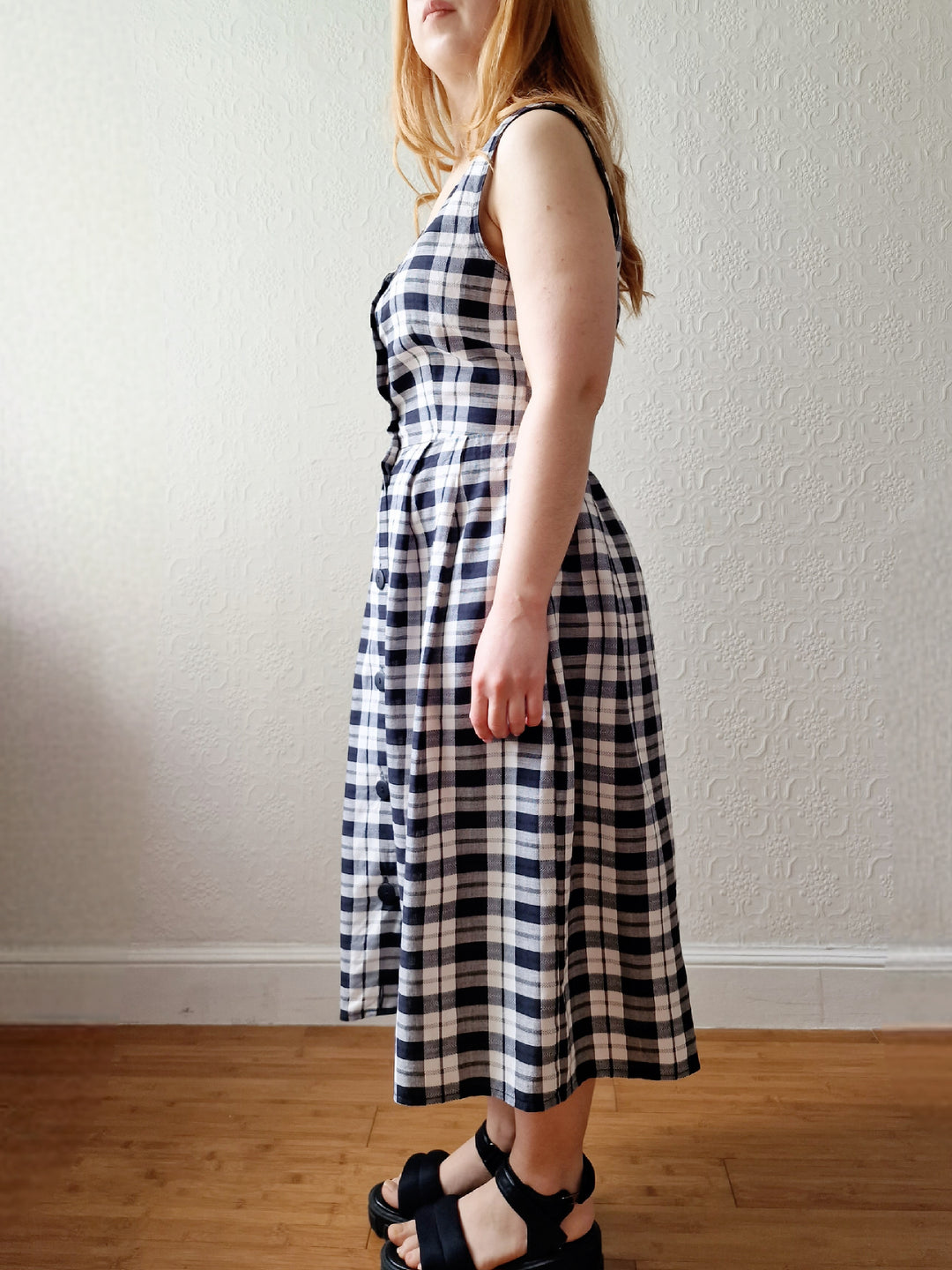 Vintage 90s Black & White Check Sleeveless Midi Dress - S