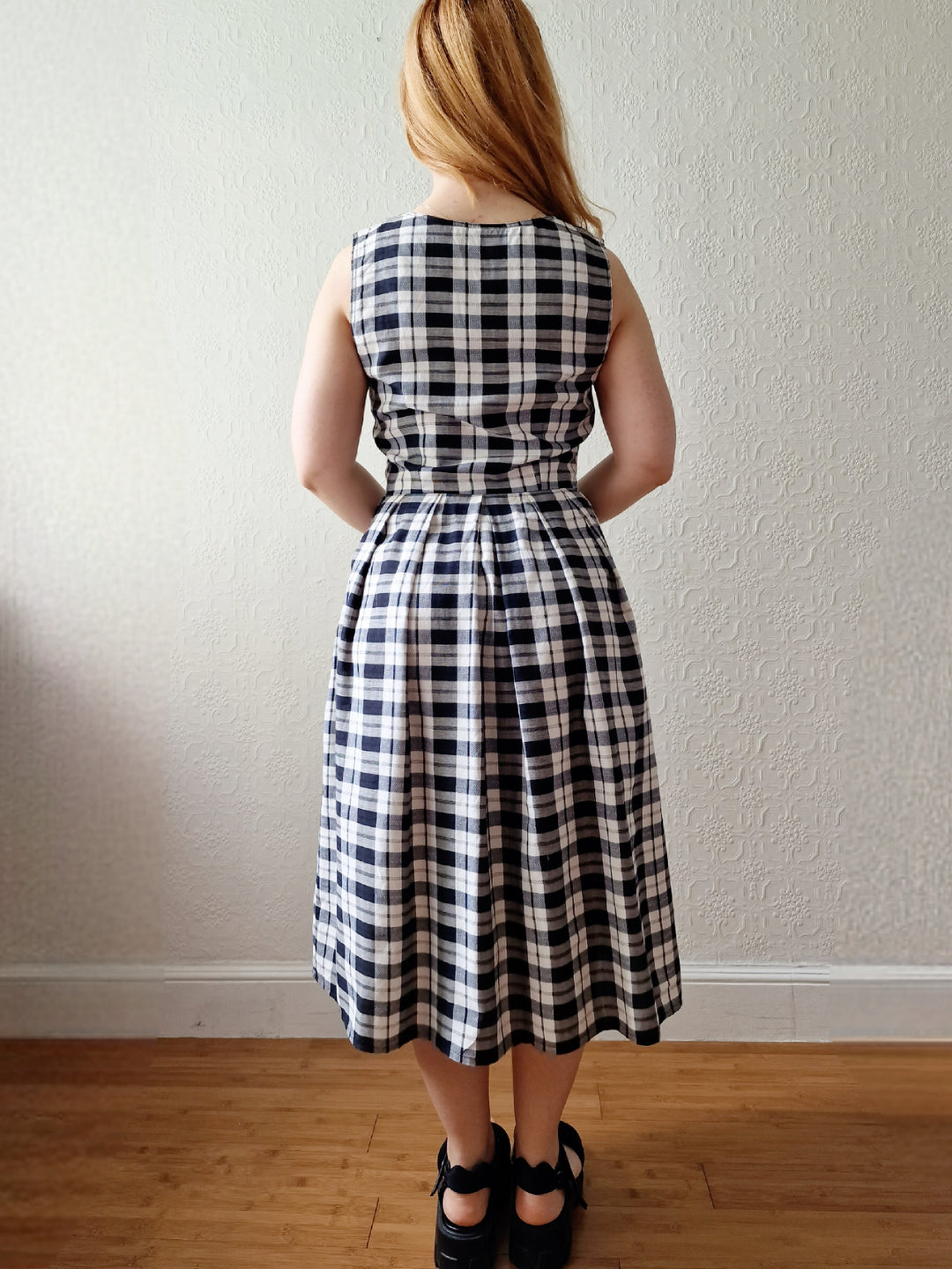 Vintage 90s Black & White Check Sleeveless Midi Dress - S