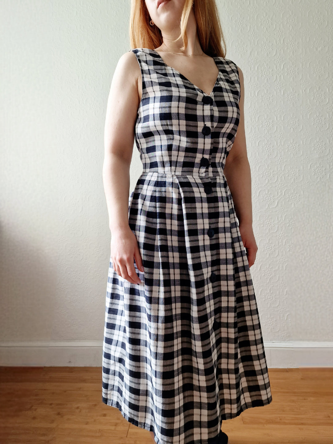 Vintage 90s Black & White Check Sleeveless Midi Dress - S