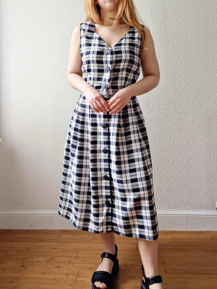 Vintage 90s Black & White Check Sleeveless Midi Dress - S