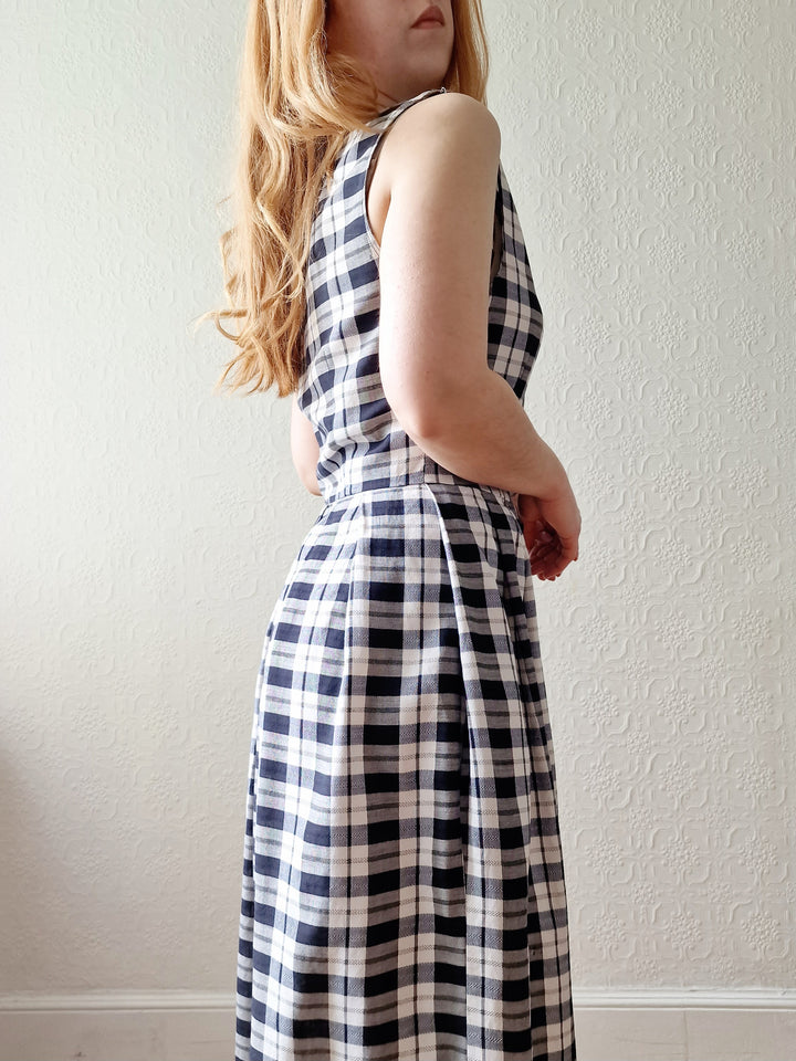 Vintage 90s Black & White Check Sleeveless Midi Dress - S