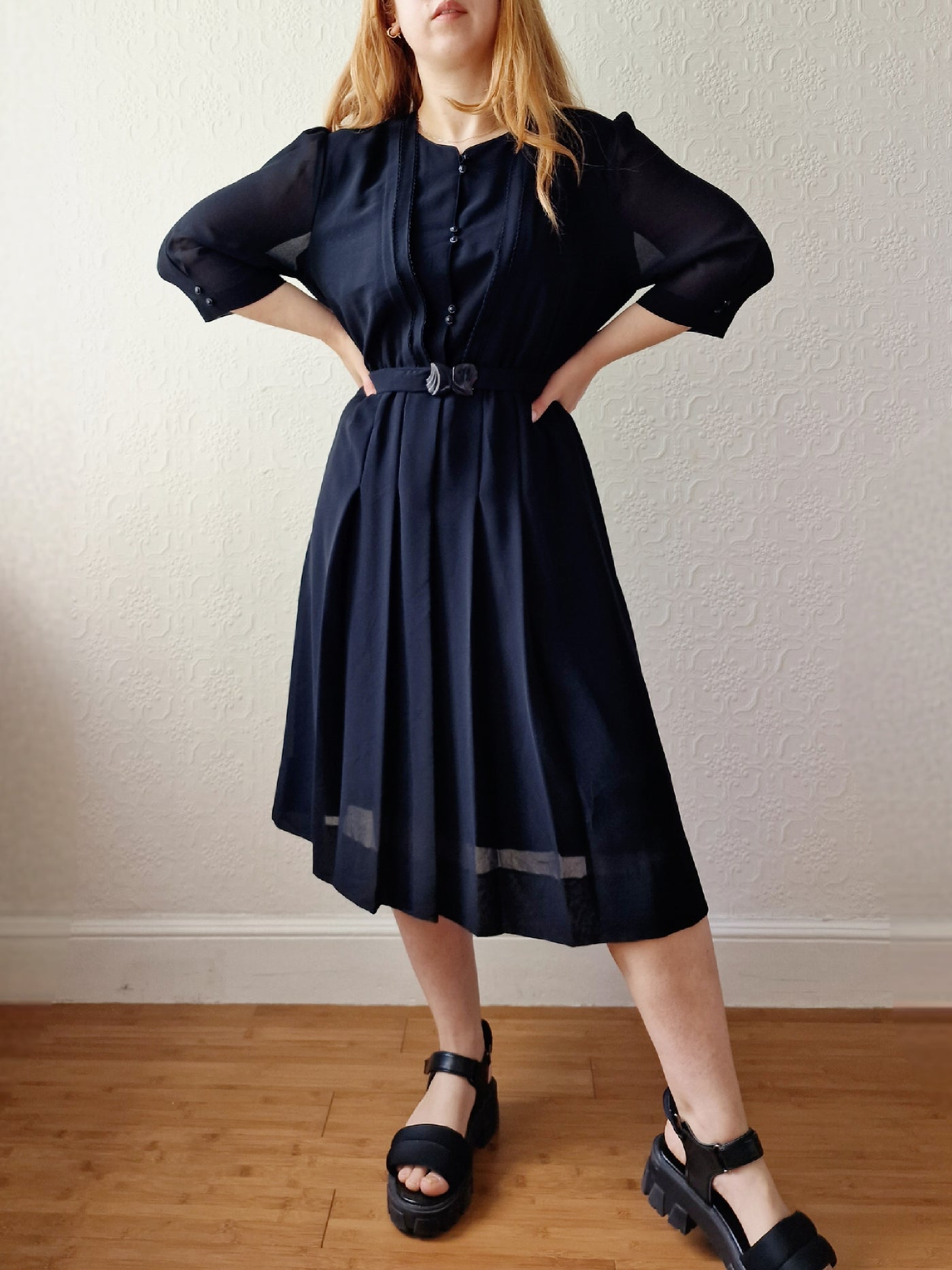 Vintage 80s Black Half Sleeve Midi Shirt Dress - S/M