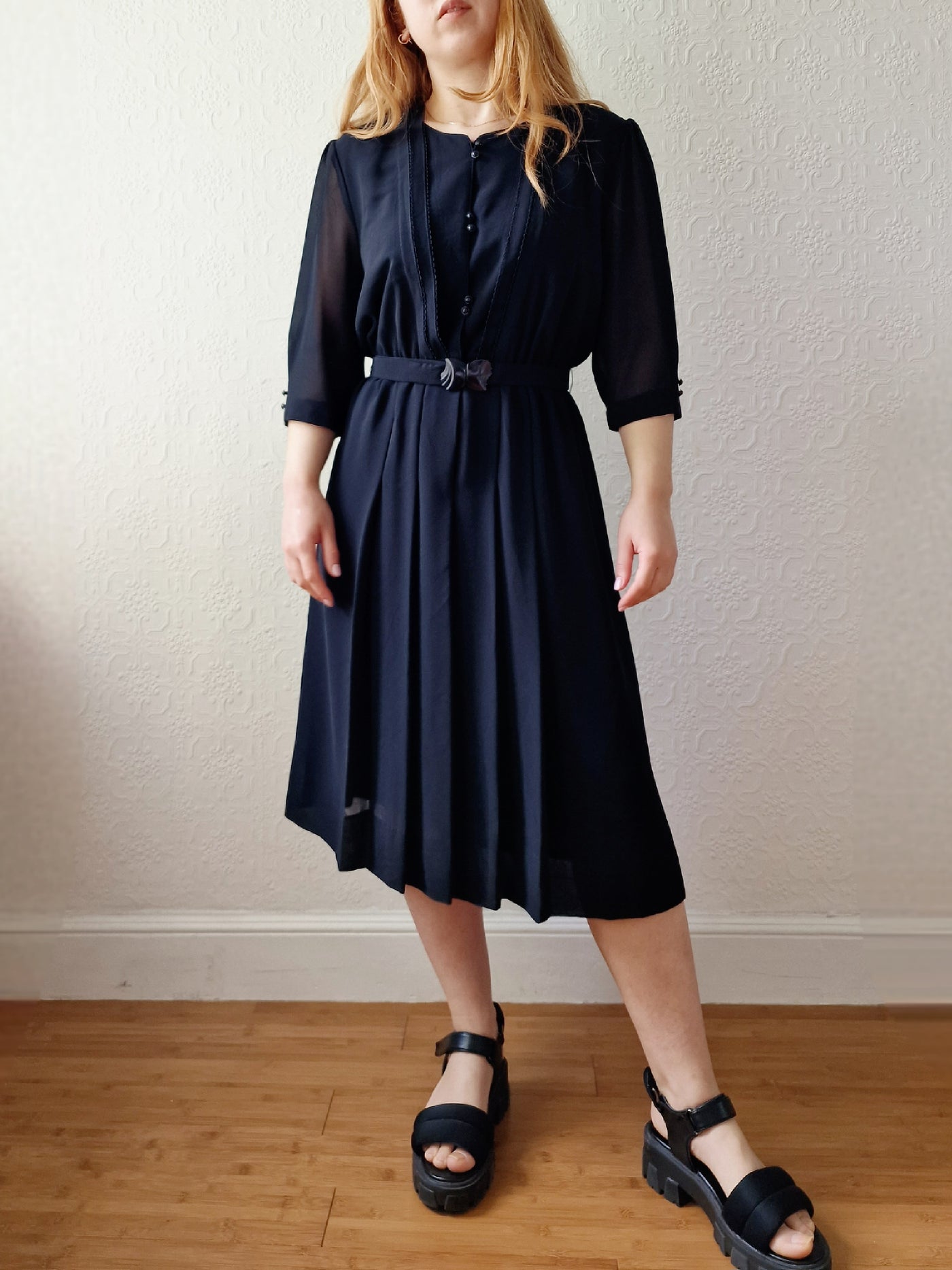 Vintage 80s Black Half Sleeve Midi Shirt Dress - S/M