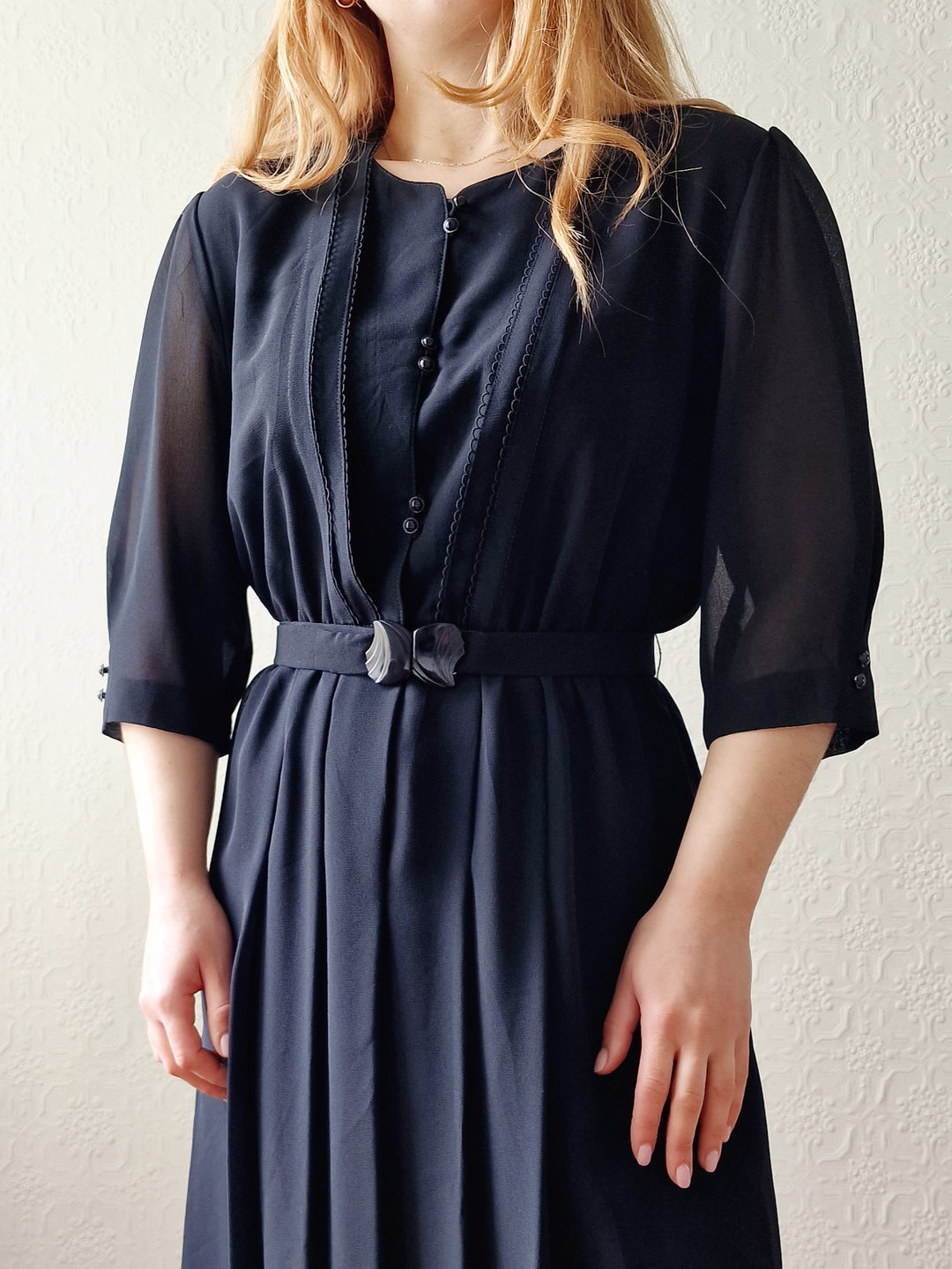 Vintage 80s Black Half Sleeve Midi Shirt Dress - S/M