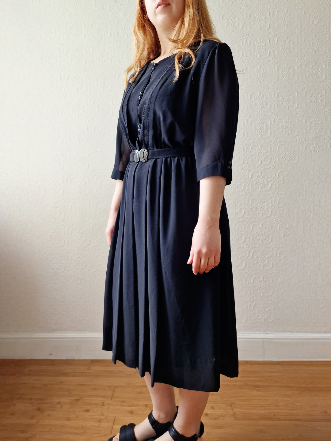 Vintage 80s Black Half Sleeve Midi Shirt Dress - S/M