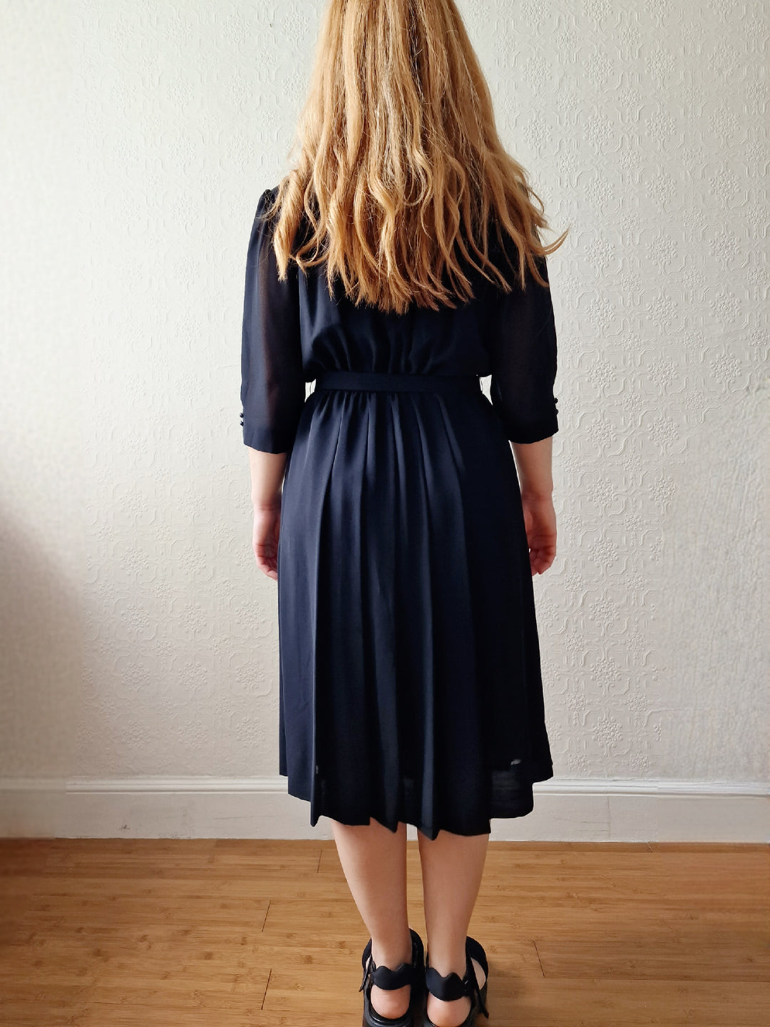 Vintage 80s Black Half Sleeve Midi Shirt Dress - S/M