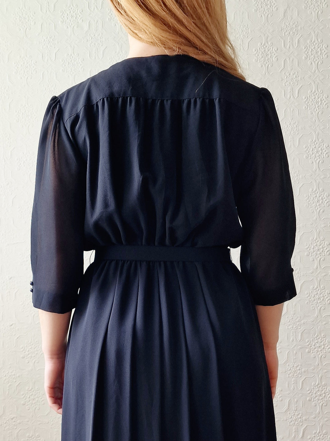 Vintage 80s Black Half Sleeve Midi Shirt Dress - S/M