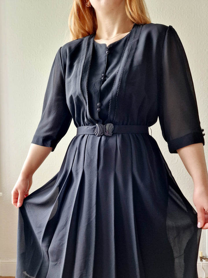 Vintage 80s Black Half Sleeve Midi Shirt Dress - S/M