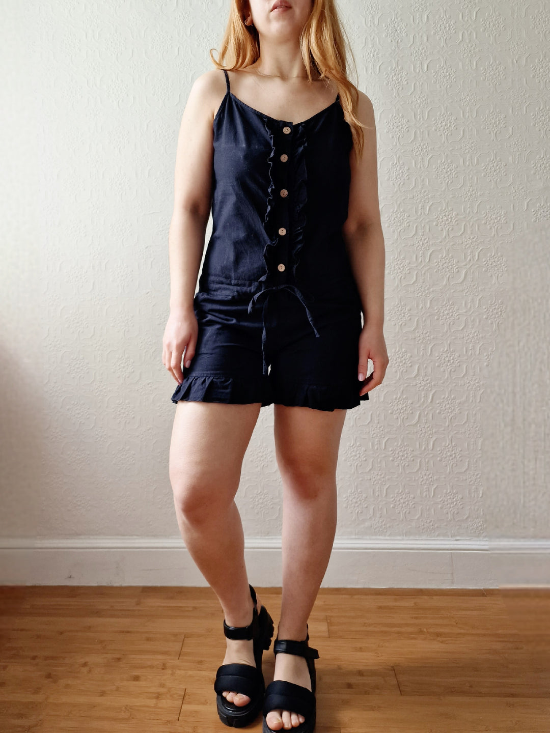 Vintage 90s Black Cotton Spaghetti Strap Playsuit - XS