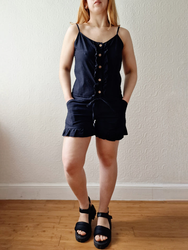 Vintage 90s Black Cotton Spaghetti Strap Playsuit - XS