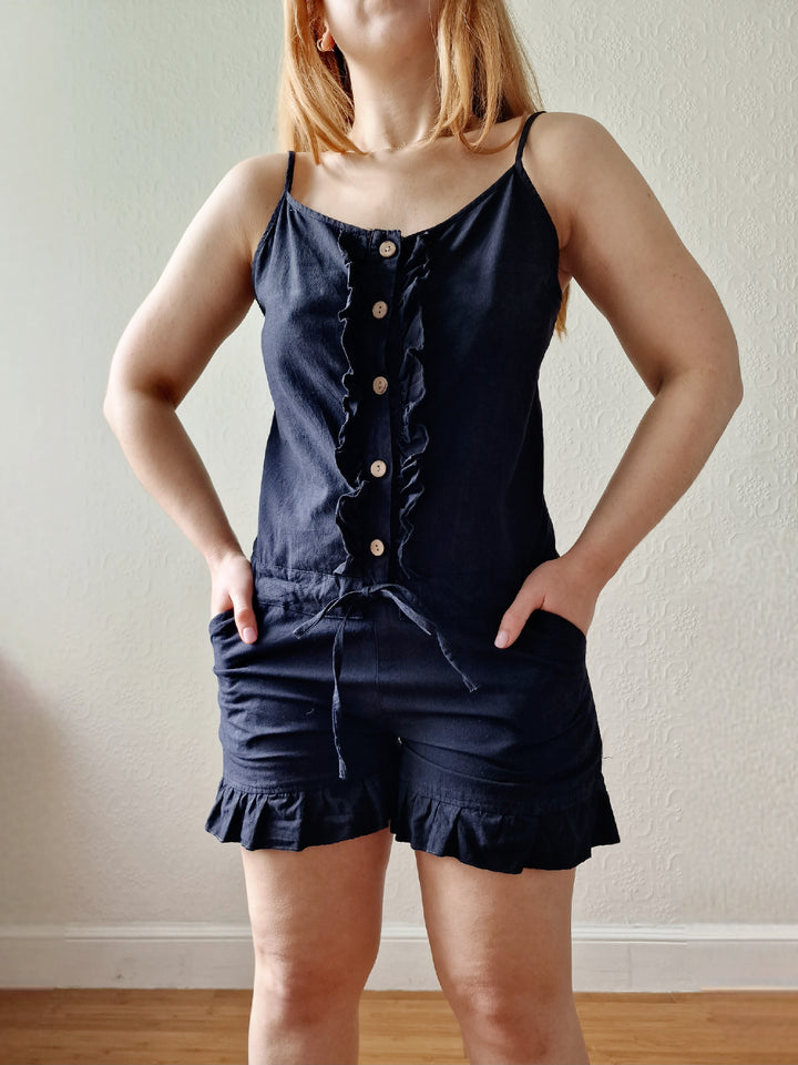 Vintage 90s Black Cotton Spaghetti Strap Playsuit - XS