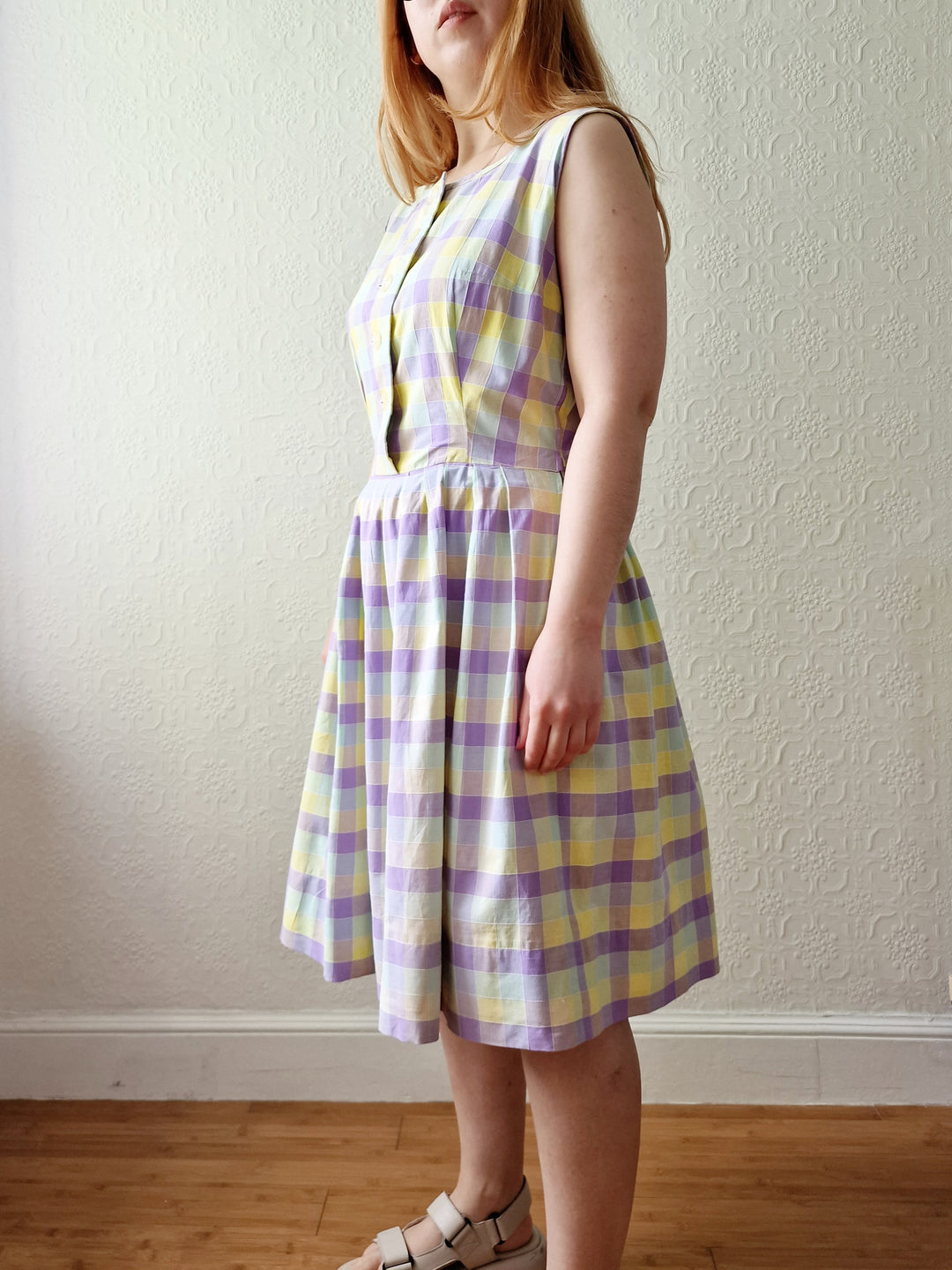 Vintage Lilac & Yellow Check Handmade Sleeveless Dress with Full Skirt - M