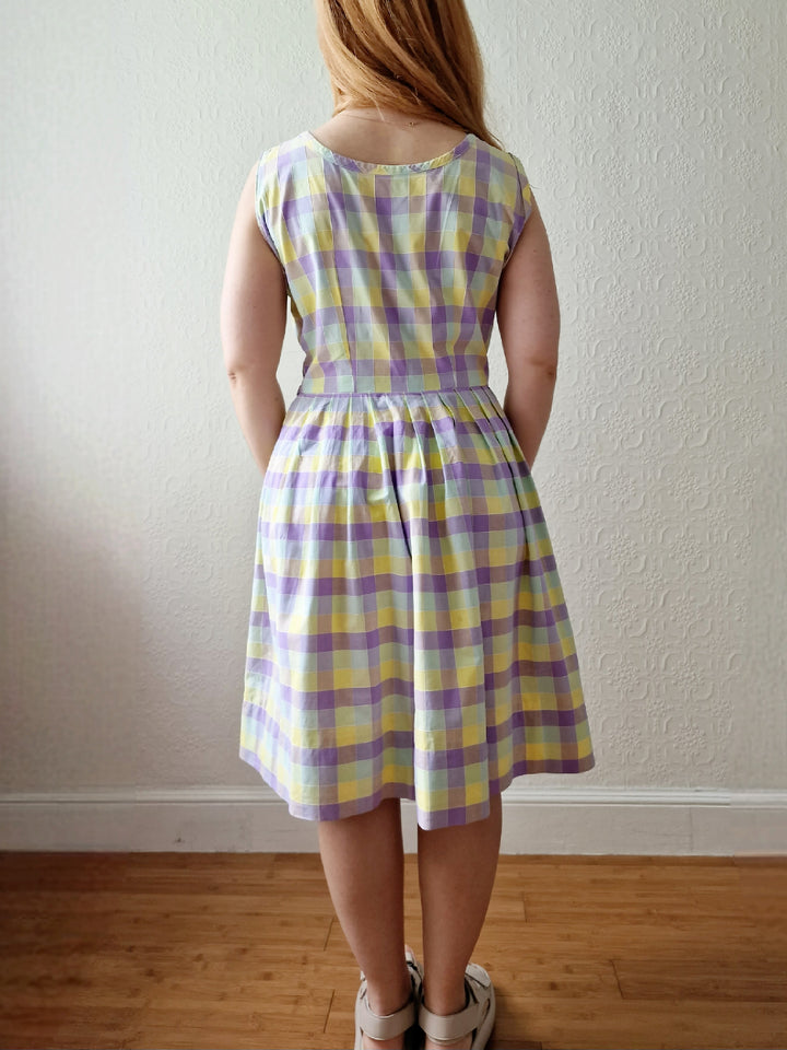 Vintage Lilac & Yellow Check Handmade Sleeveless Dress with Full Skirt - M