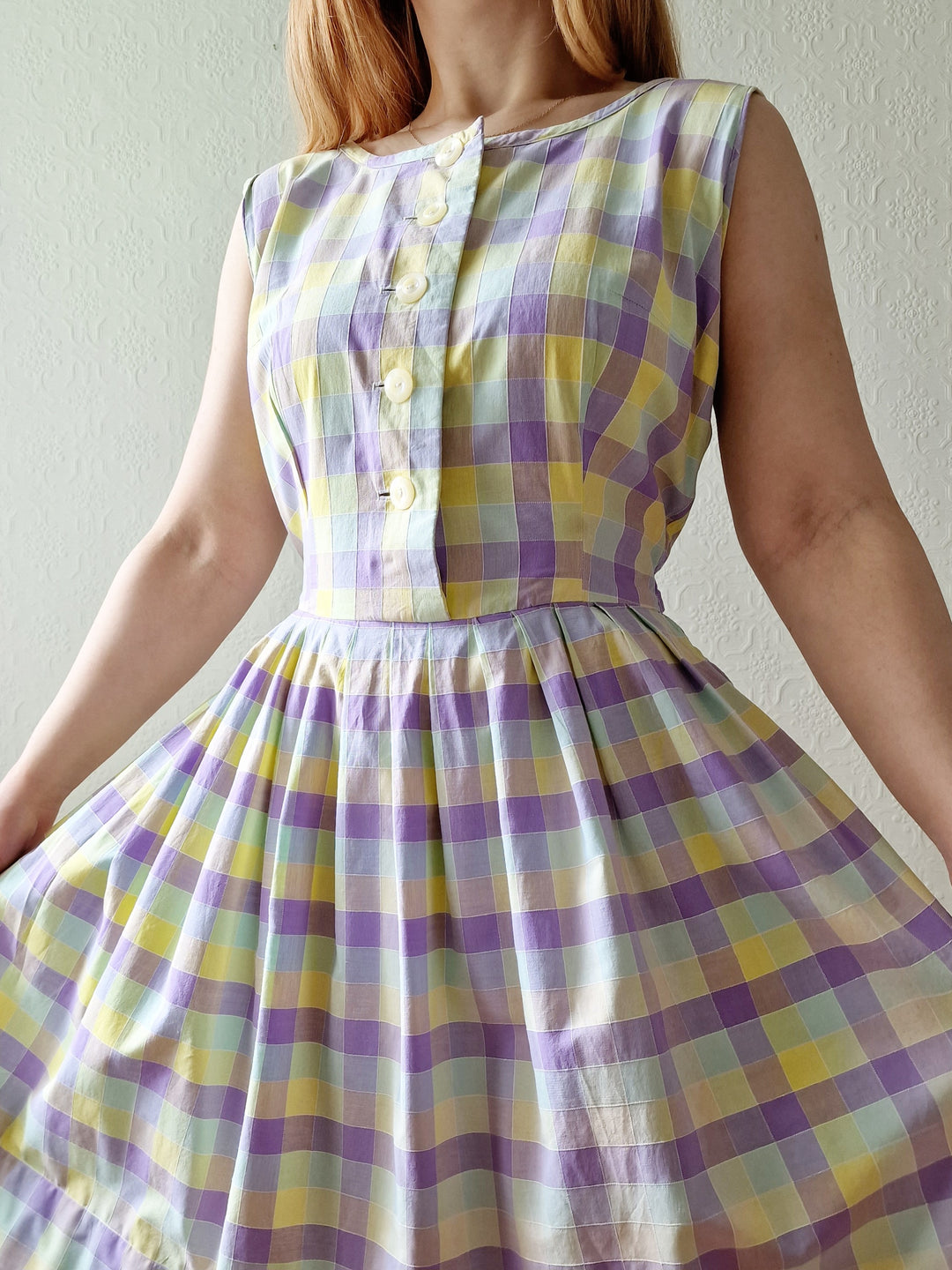 Vintage Lilac & Yellow Check Handmade Sleeveless Dress with Full Skirt - M