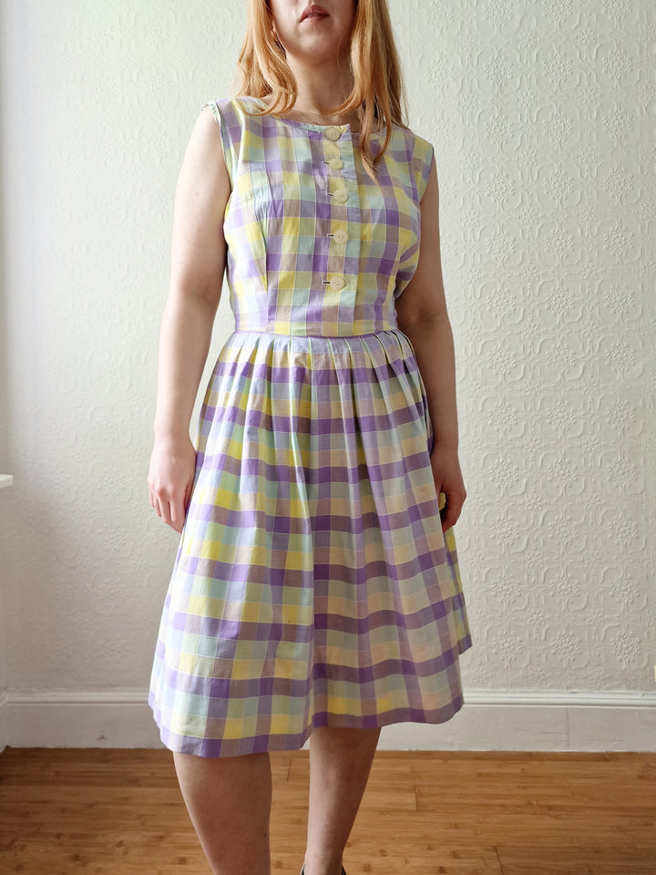 Vintage Lilac & Yellow Check Handmade Sleeveless Dress with Full Skirt - M