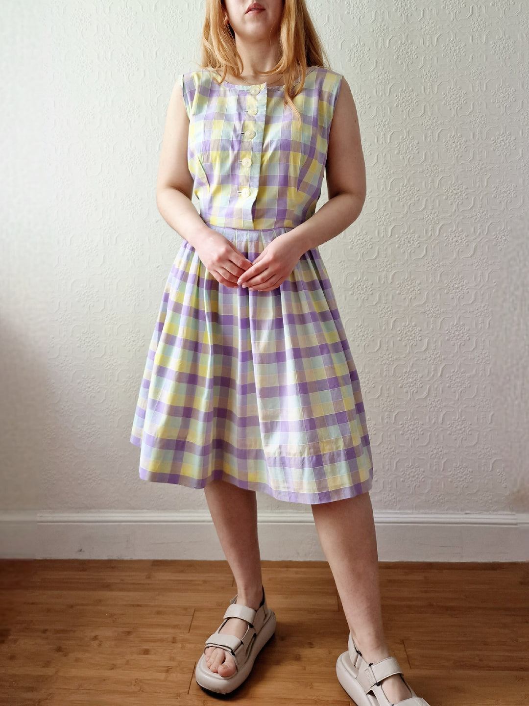 Vintage Lilac & Yellow Check Handmade Sleeveless Dress with Full Skirt - M