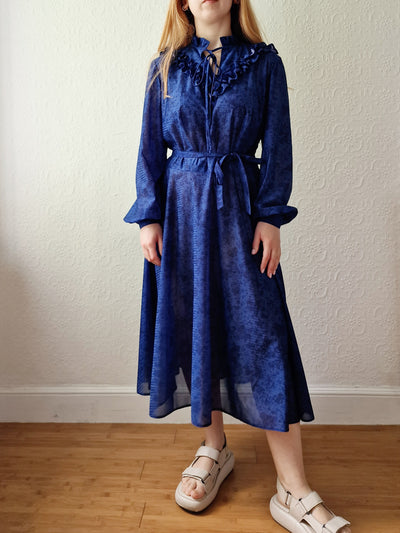 Vintage 70s Blue Ruffle Midi Dress with Long Sleeves - M/L