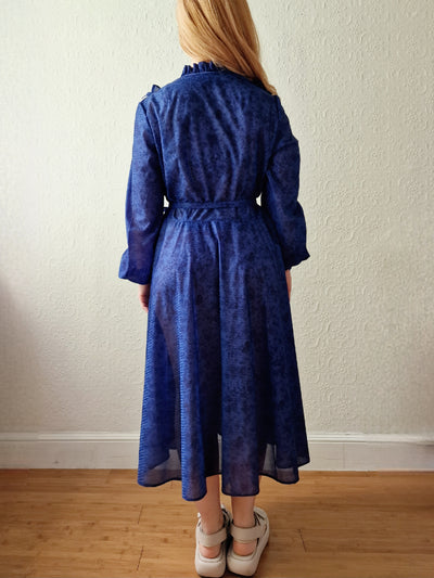 Vintage 70s Blue Ruffle Midi Dress with Long Sleeves - M/L