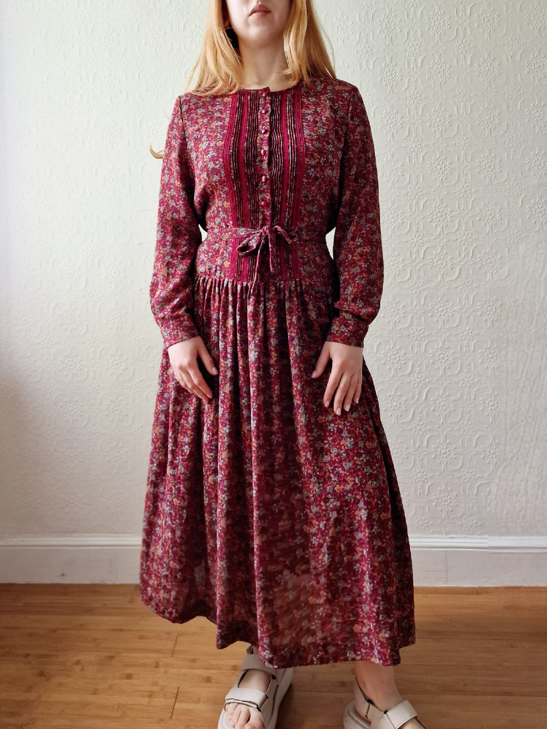 Vintage 80s Dark Red Midi Dress with Long Sleeves - S/M