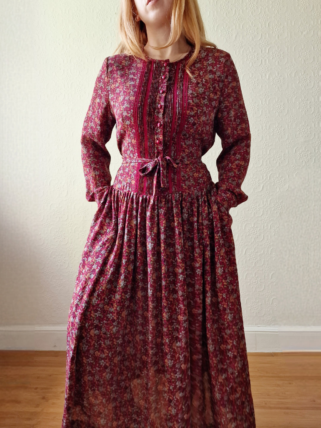 Vintage 80s Dark Red Midi Dress with Long Sleeves - S/M