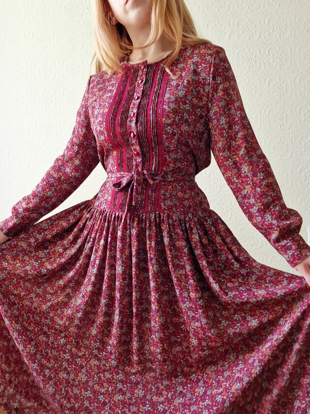 Vintage 80s Dark Red Midi Dress with Long Sleeves - S/M