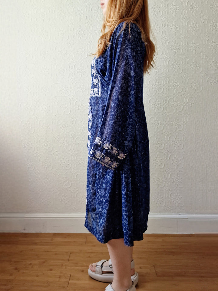 Vintage Dark Blue Folk Style Embroidered Midi Dress with Wide Sleeves - XL