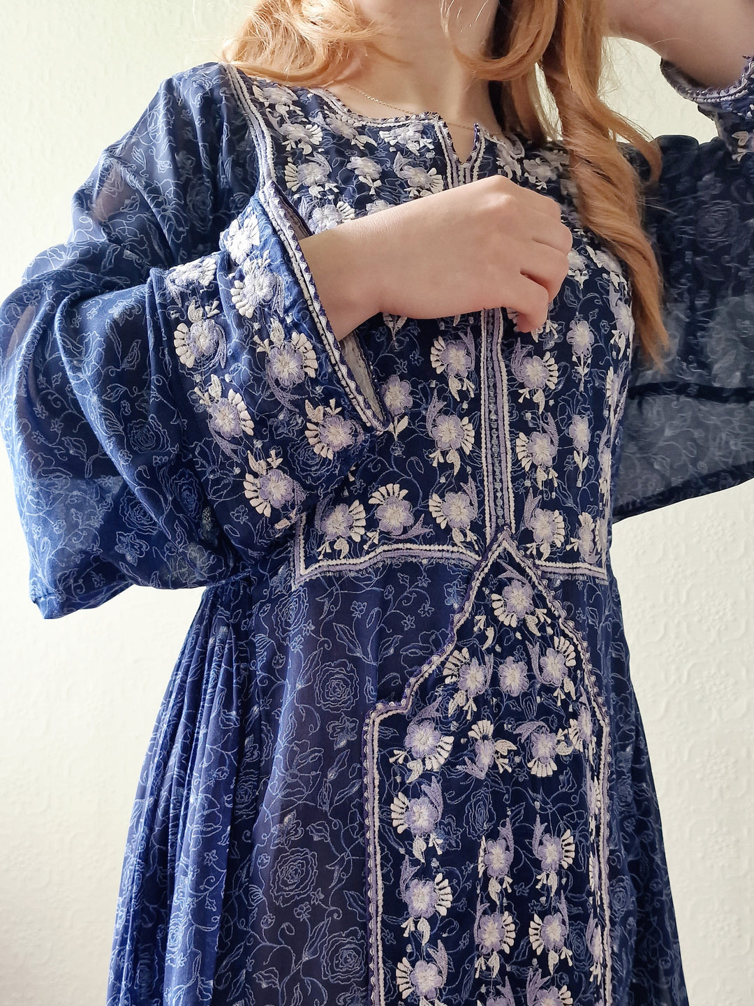 Vintage Dark Blue Folk Style Embroidered Midi Dress with Wide Sleeves - XL