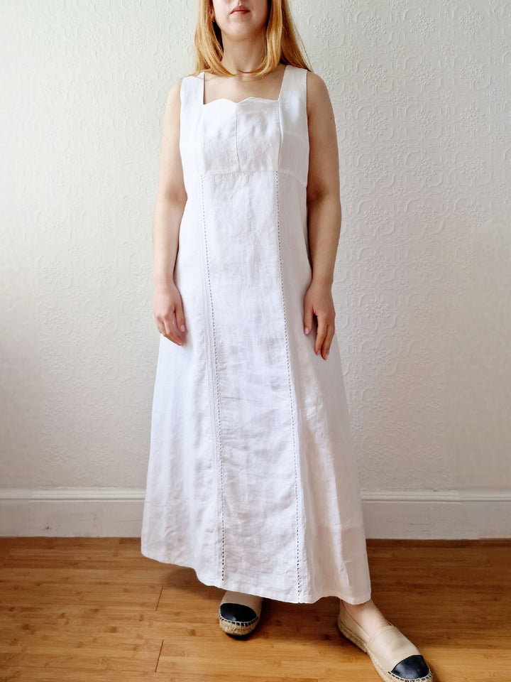Vintage 80s White Linen Look Long Sleeveless Dress with a Square Neck - L/XL