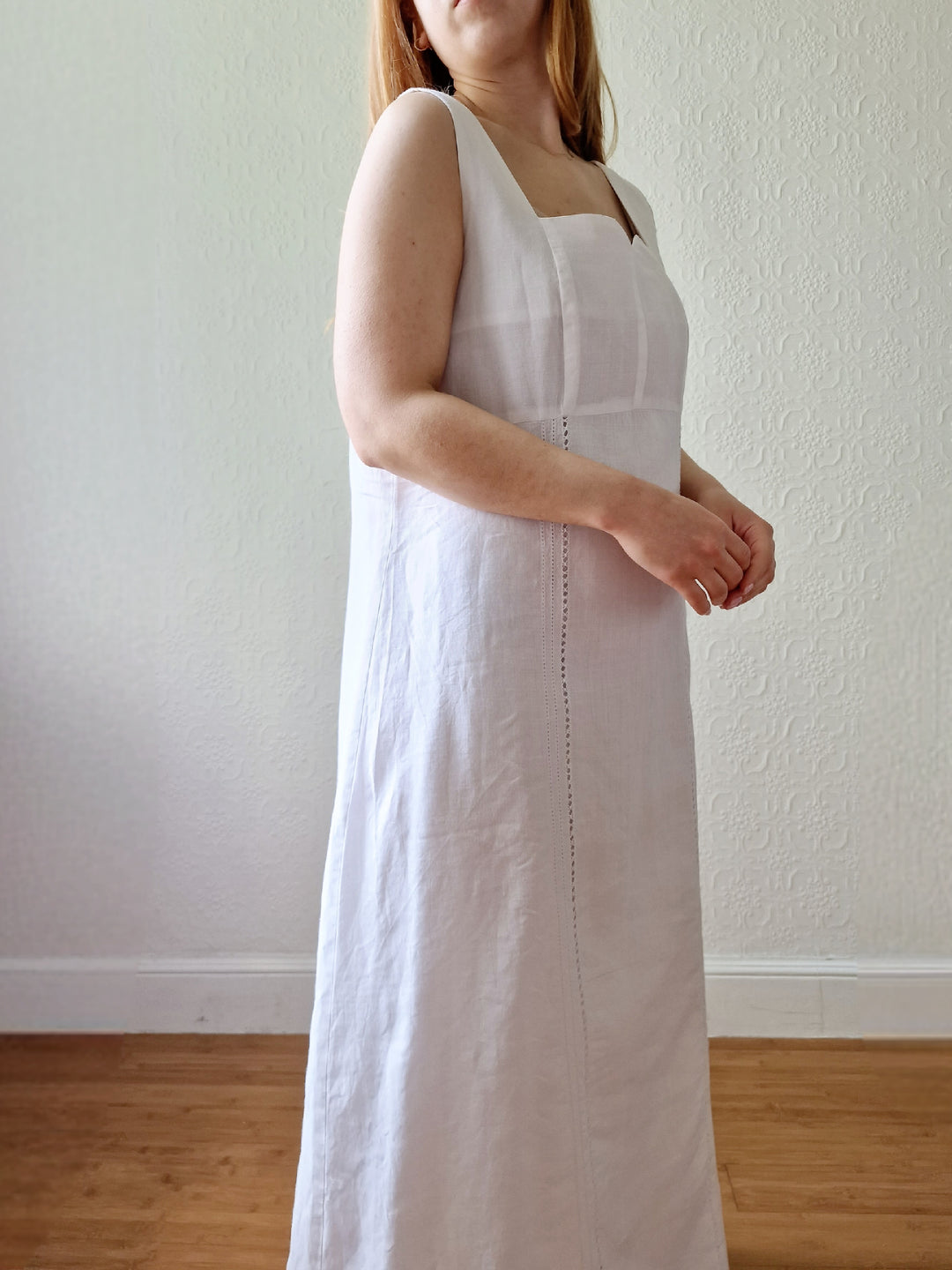 Vintage 80s White Linen Look Long Sleeveless Dress with a Square Neck - L/XL