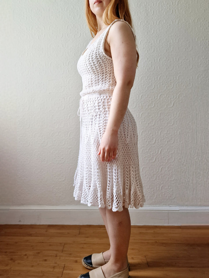 Vintage White Crochet Sleeveless Dress with Drawstring Waist - S/M