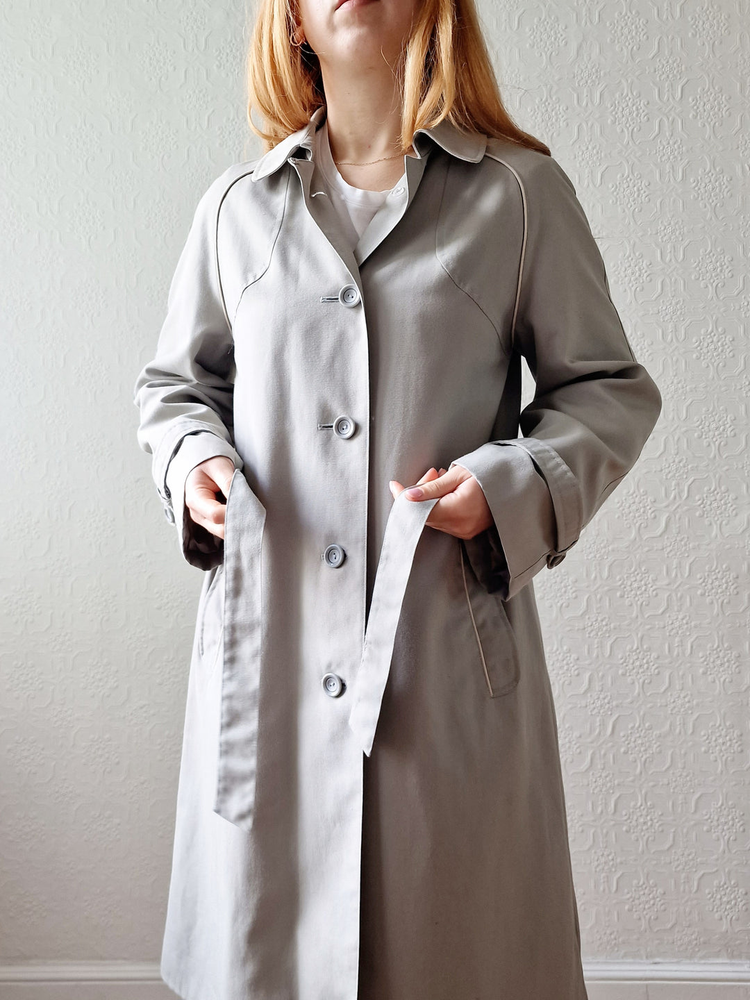 Vintage Lightweight Grey Single Breasted Trench Coat with Belt - S