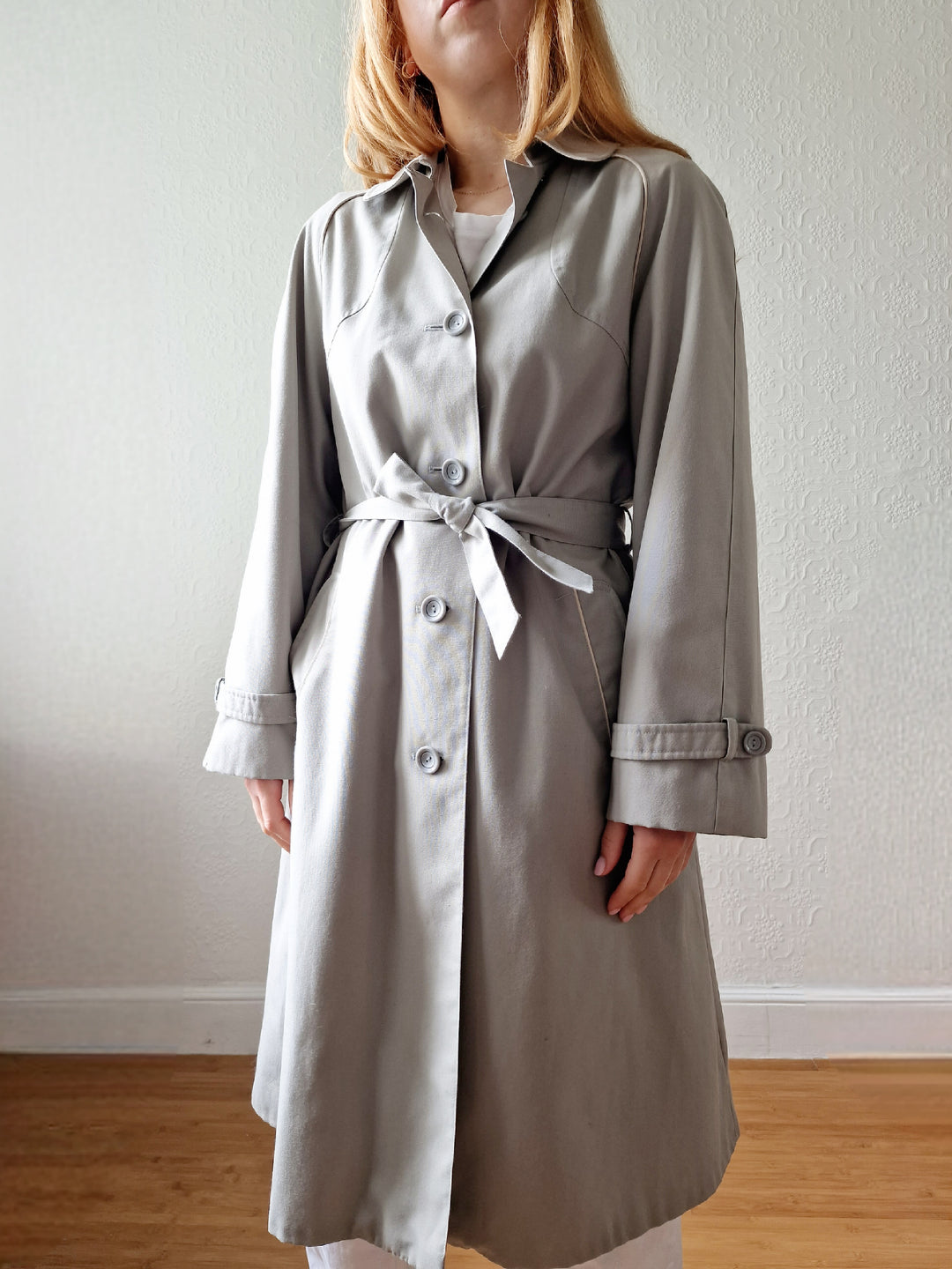 Vintage Lightweight Grey Single Breasted Trench Coat with Belt - S