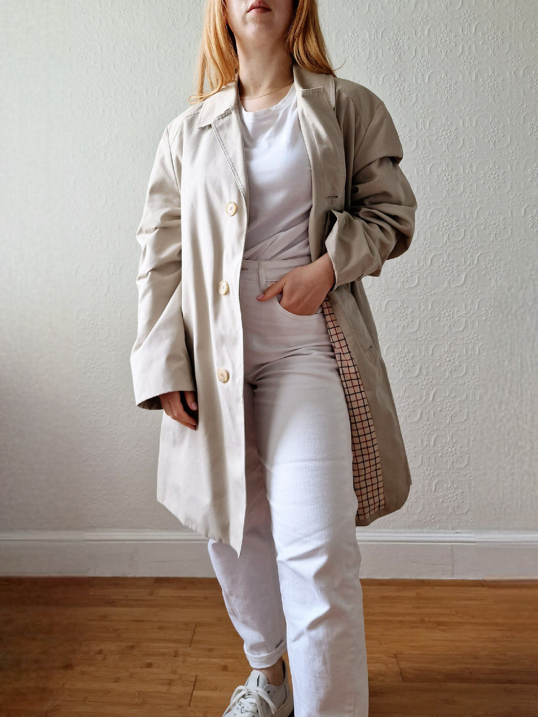 Vintage Light Beige Single Breasted Medium Length Trench Coat by Dannimac - M/L