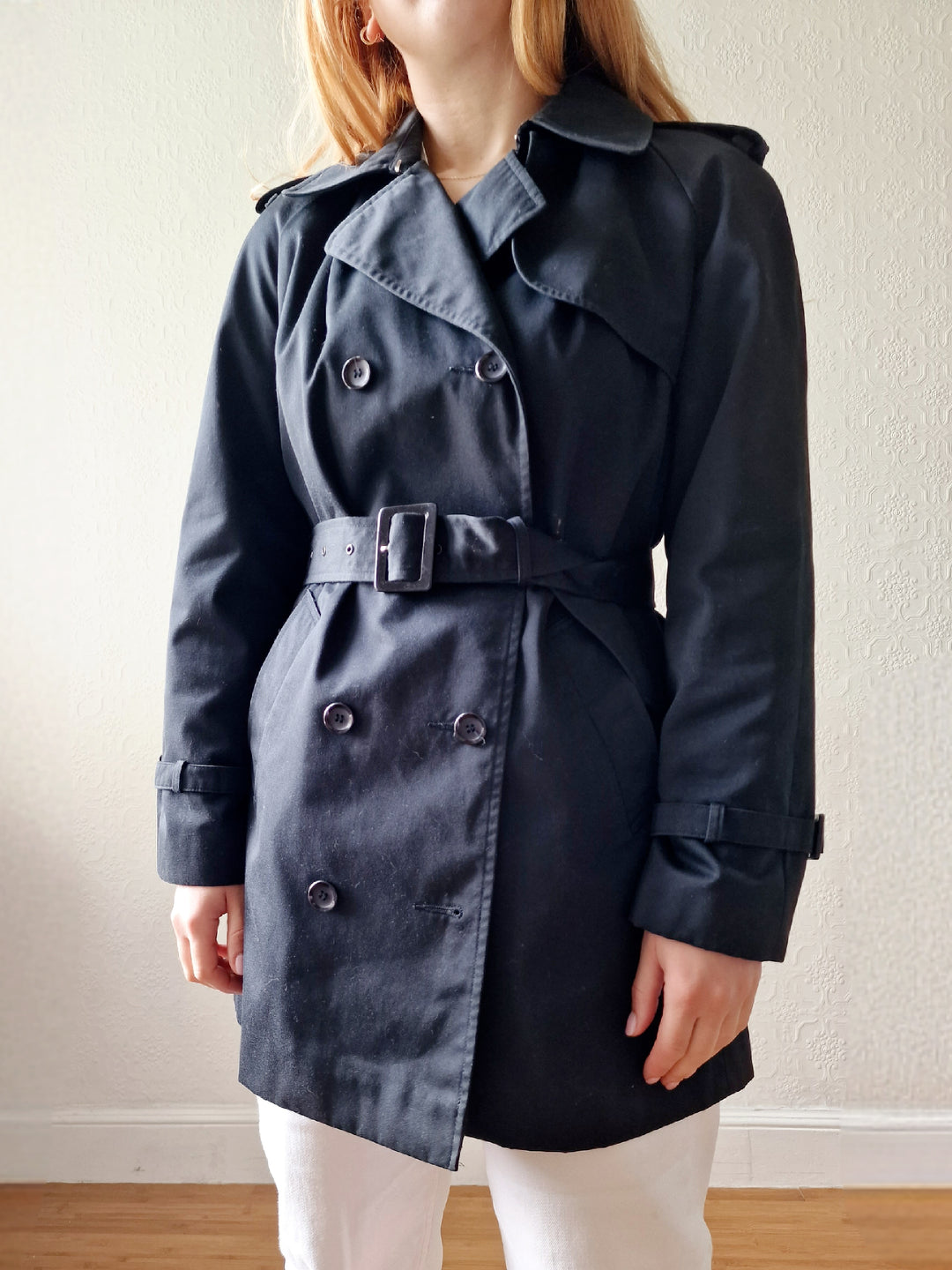 Vintage Black Double Breasted Medium Length Trench Coat with Belt by Dannimac - S