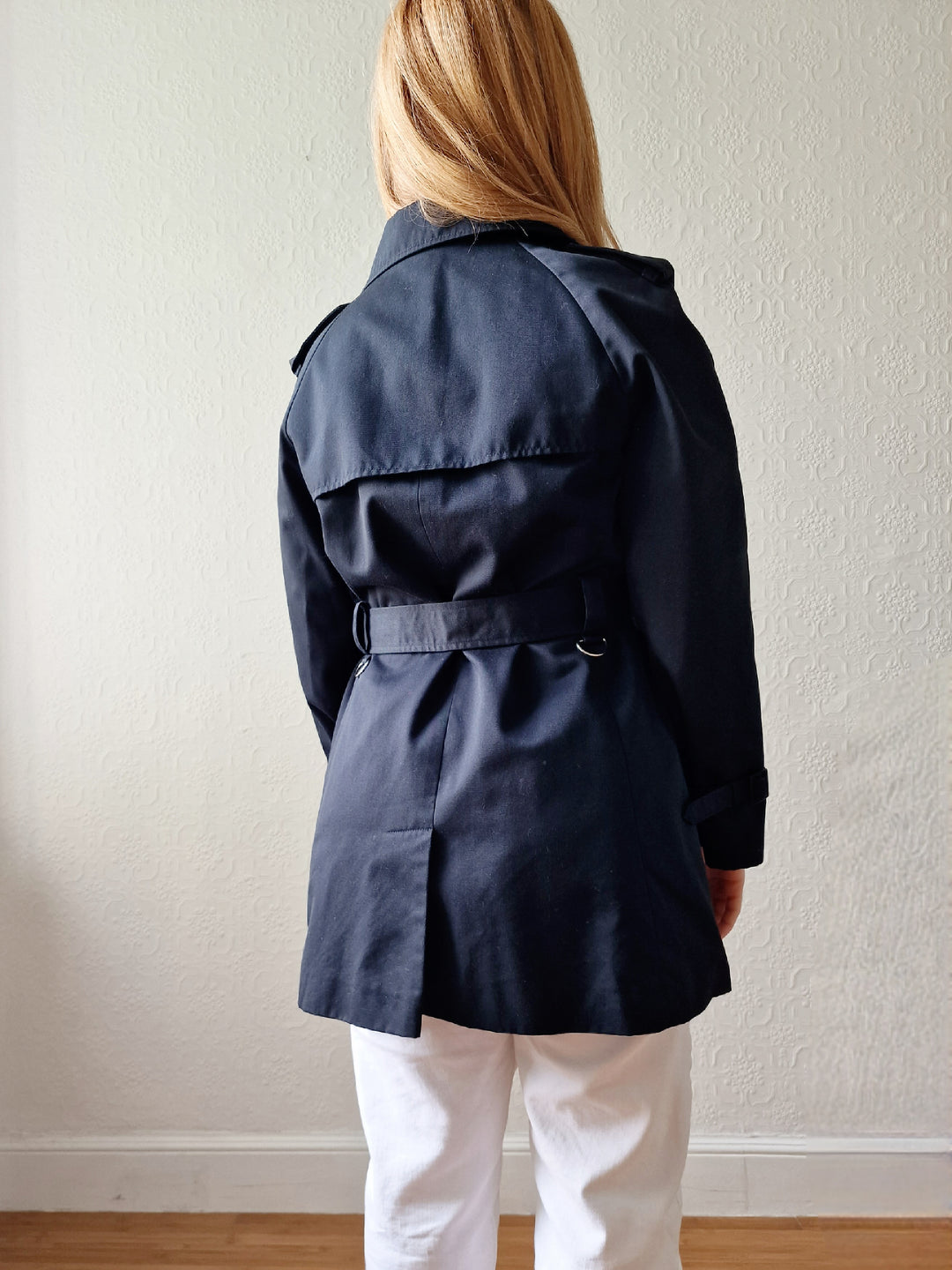 Vintage Black Double Breasted Medium Length Trench Coat with Belt by Dannimac - S