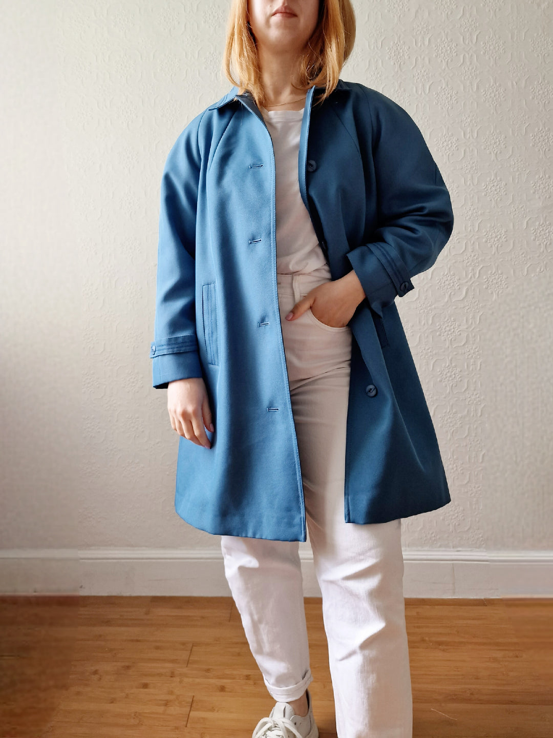 Vintage Blue Single Breasted Medium Length Trench Coat with Removable Lining - S/M